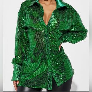 Fashion Nova Caught My Eye Sequin Shirt - Emerald